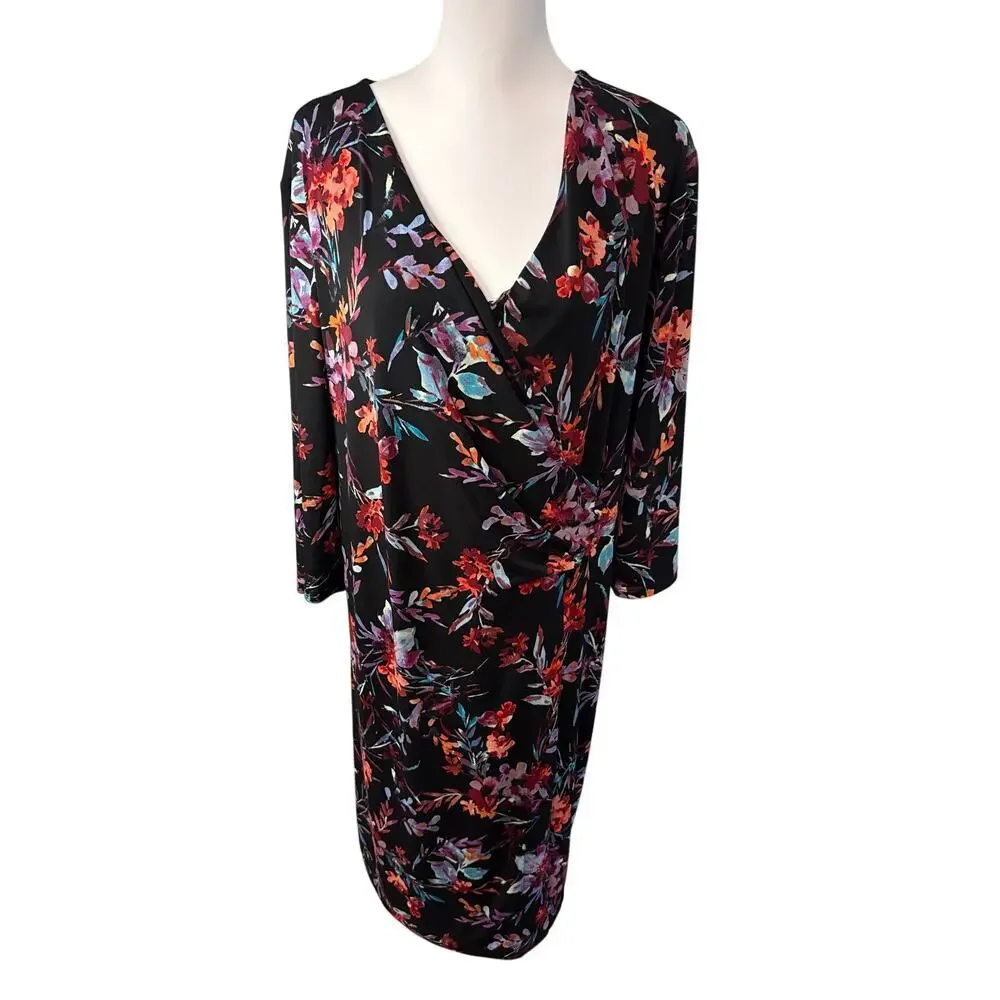 Chico’s NWT Floral Faux Wrap Dress Sz 4 (20-22) Black Multicolor 3/4 Sleeve - Picture 1 of 7